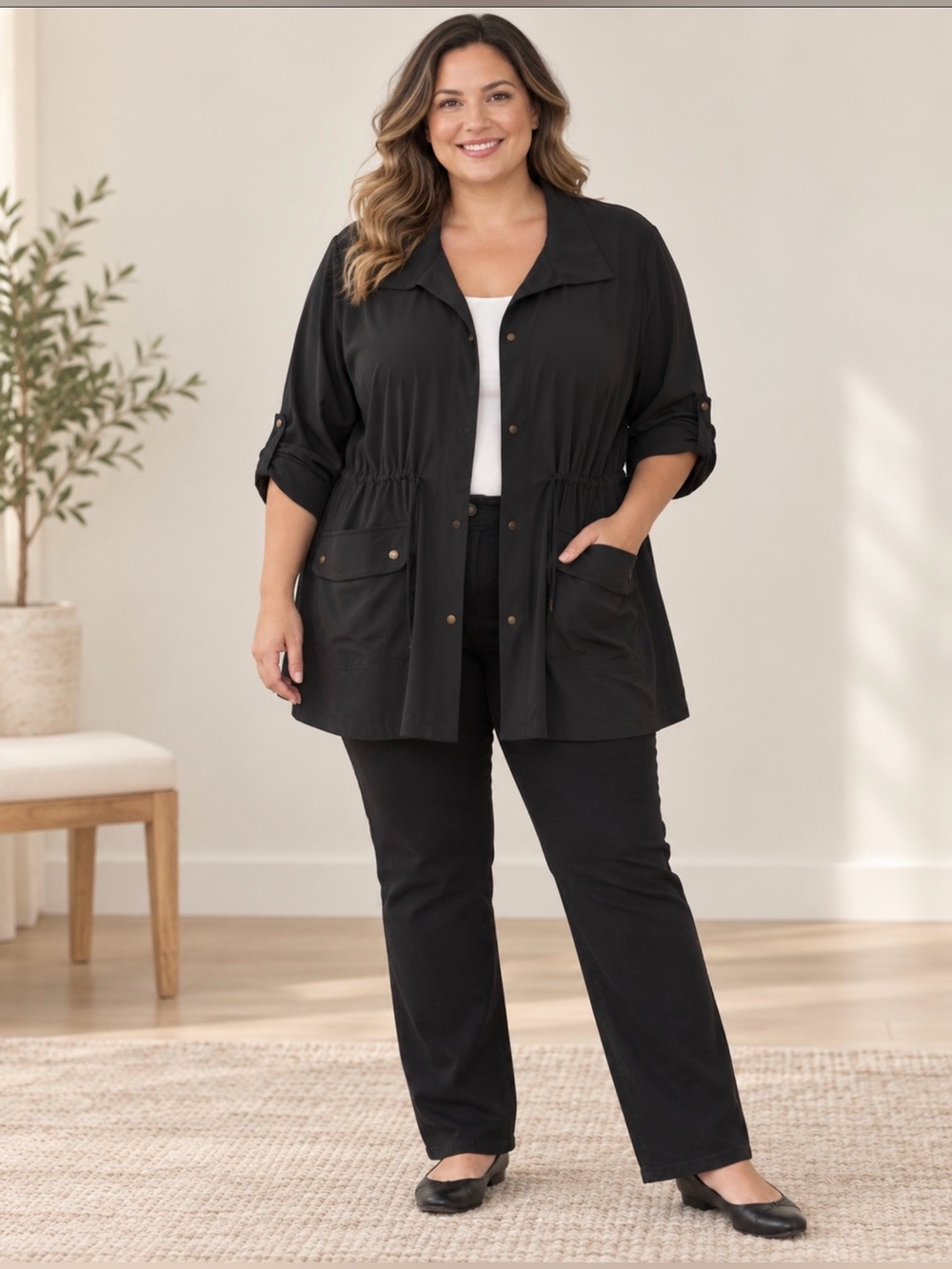 Jessica London Black Utility Jacket Plus Size 22/24 Roll-Tab Sleeves